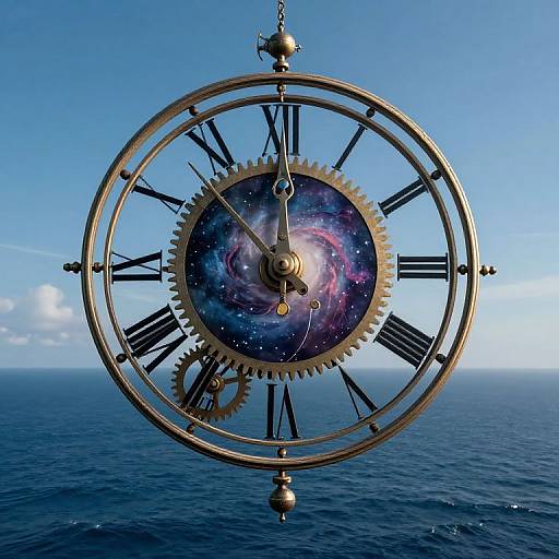 Steampunk-style clock with a galaxy face hangs above a vast ocean under a clear blue sky, blending science fiction and nautical elements.