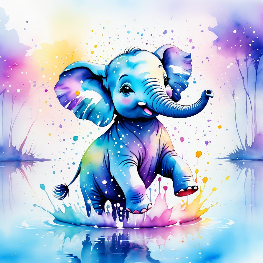 Whimsical Baby Elephant Watercolor Splash