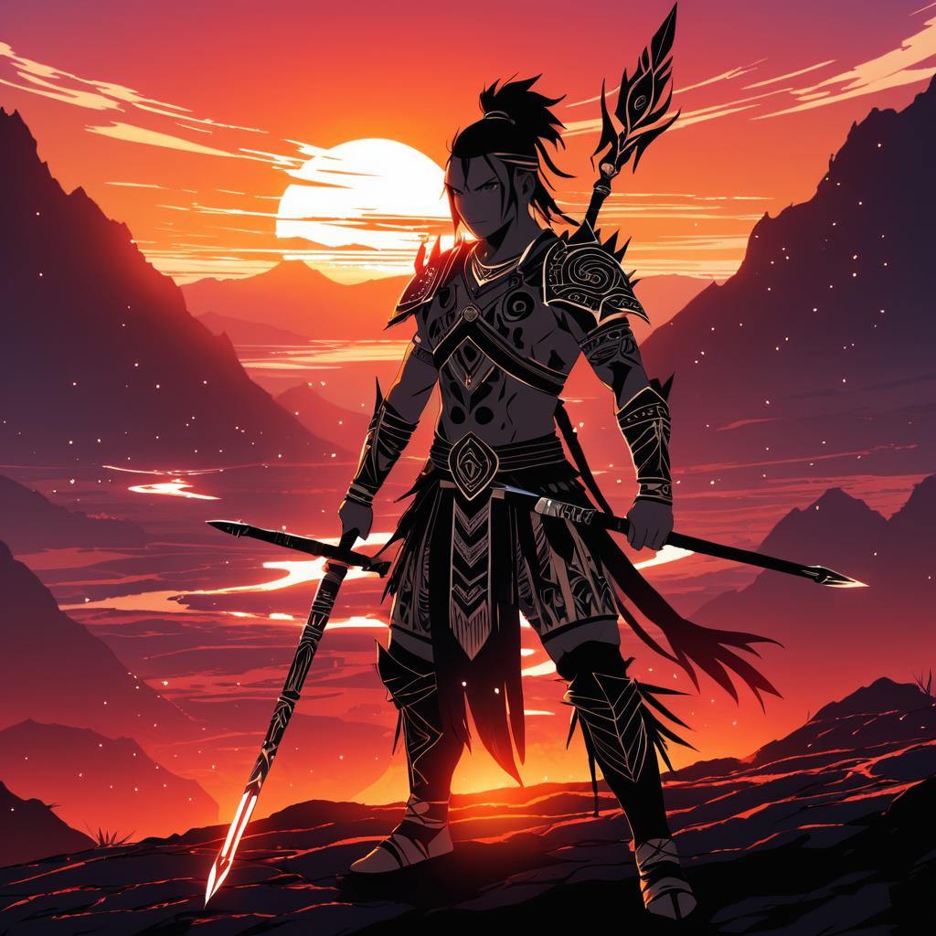 Fierce Warrior in Volcanic Sunset