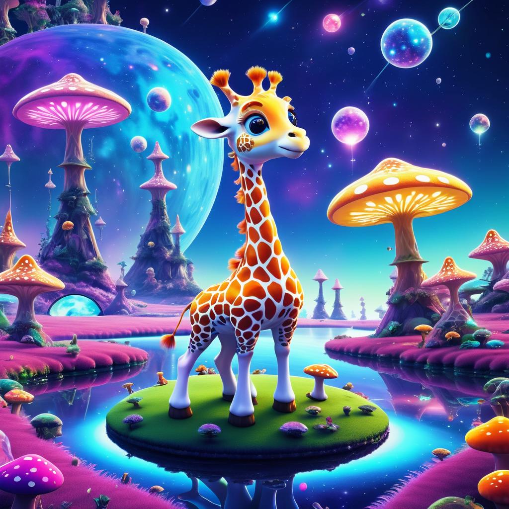 Whimsical Alien Giraffe in Surreal Landscape