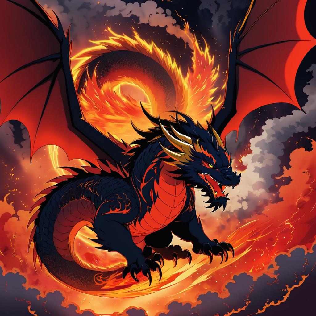 Fierce Dragon Soaring Through Fiery Sky