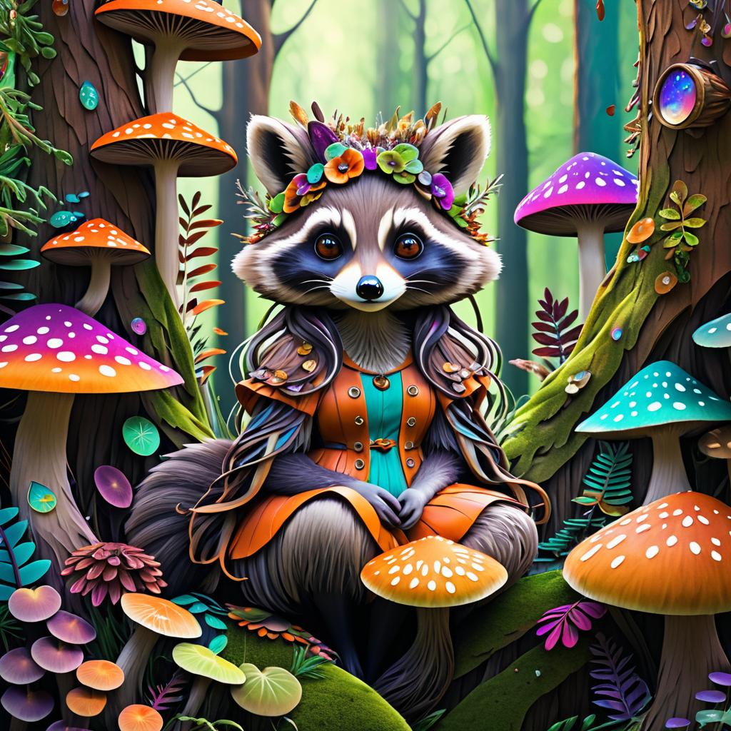 Whimsical Raccoon Girl in Fungi Wonderland