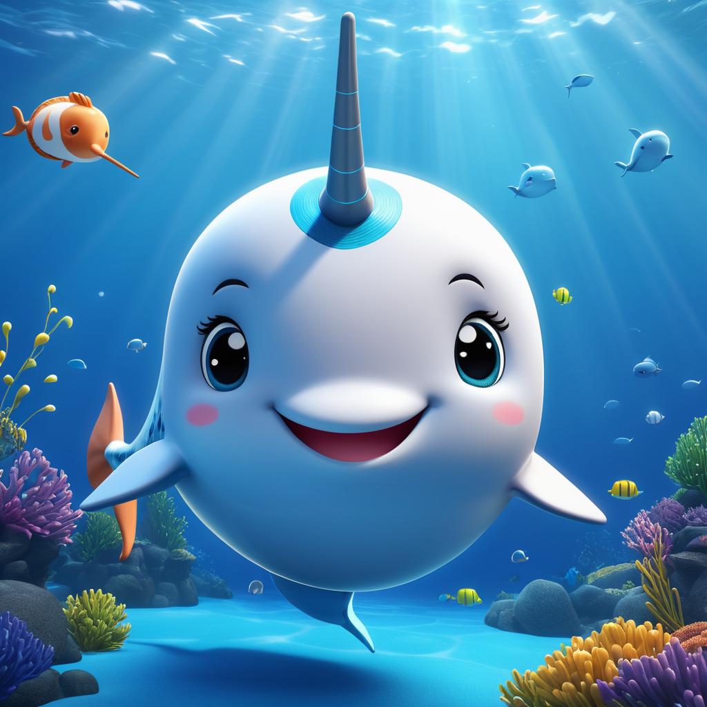 Cheerful Pixar-Style Narwhal Cartoon Face