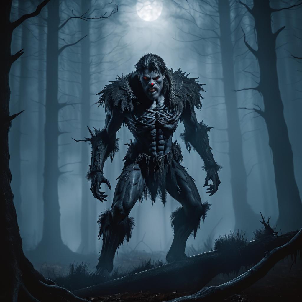 Eerie Zombie Werewolf in Misty Forest