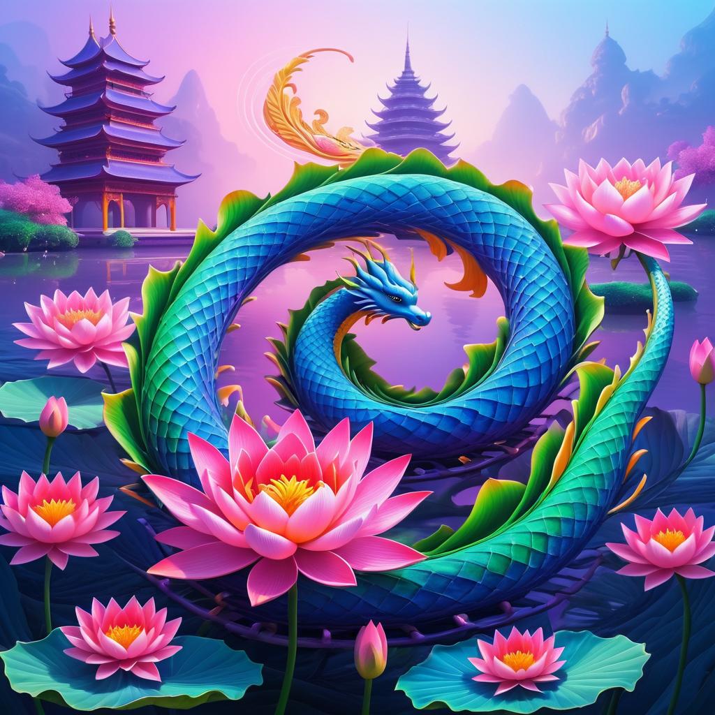 Surreal Dragon-Shaped Blooming Lotus Art