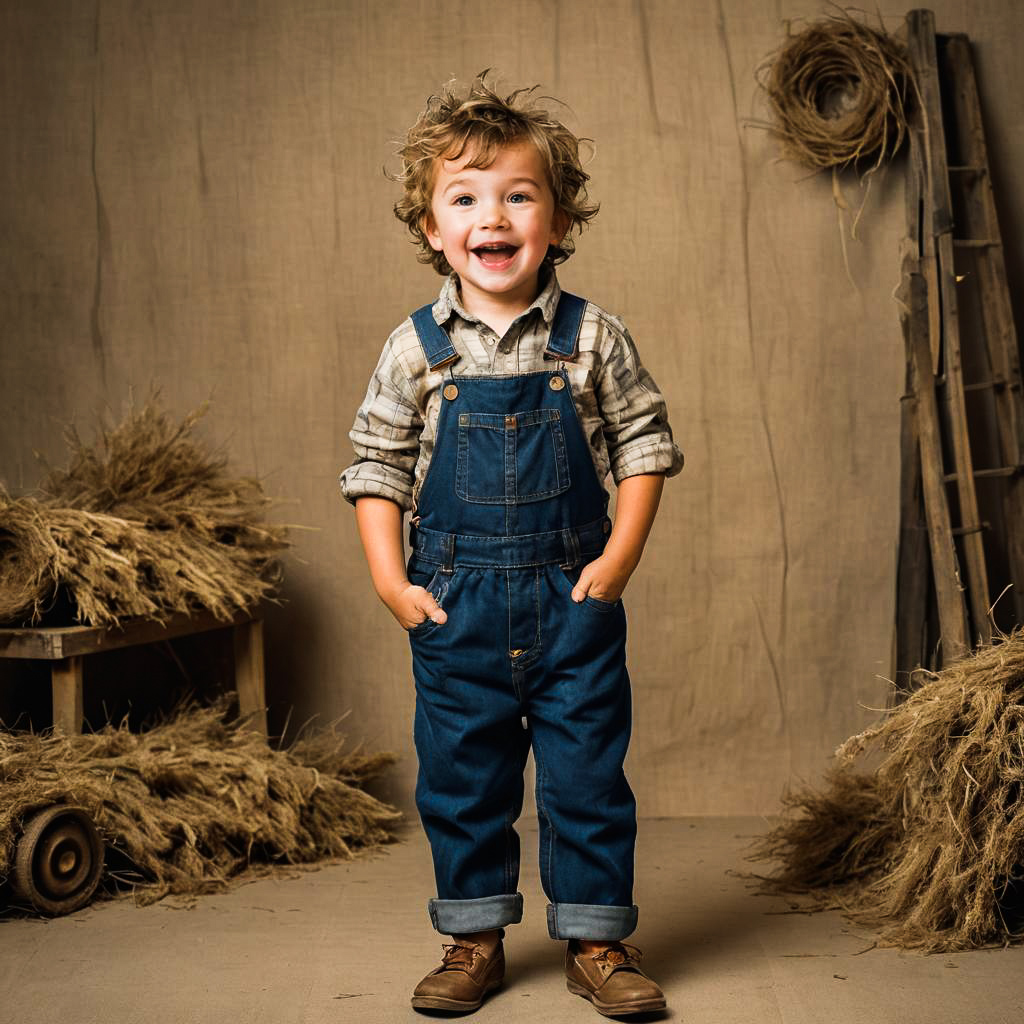 Playful Boy in Farmer Outfit Photo Shoot