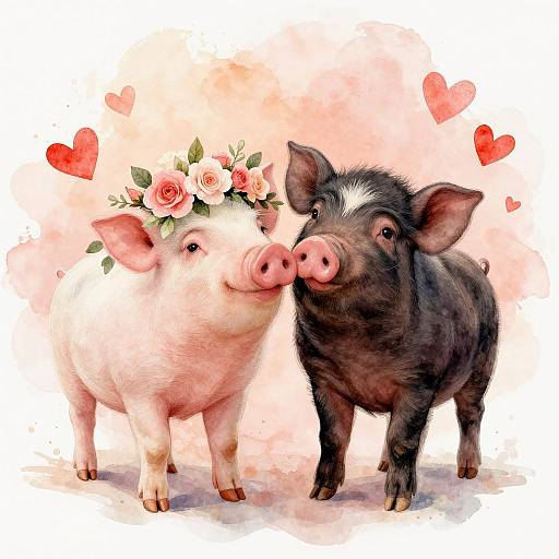 Watercolor illustration of a pink pig wearing a rose crown and a black pig touching noses, surrounded by red hearts.