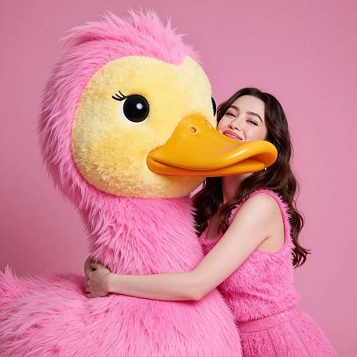 Photograph of a smiling woman with long brown hair, hugging a large pink fluffy duck costume against a solid pink background.