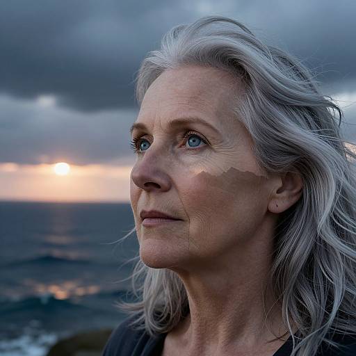 Photograph of a contemplative, silver-haired woman with fair skin and blue eyes, gazing at a sunset over the ocean, under a cloudy sky