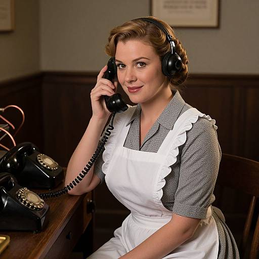 Photograph of a 1940s-style woman with short, wavy blonde hair, wearing a gray checkered dress and white apron, holding