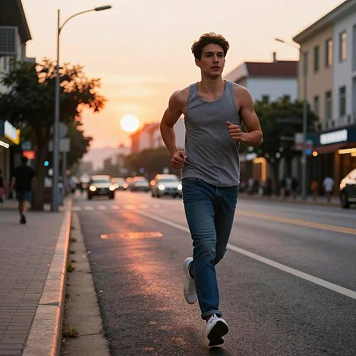 Photograph of a young man in a gray tank top and blue jeans running on a city street at sunset, with orange sky and streetlights in the