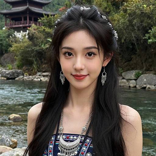Photograph of an Asian woman with long black hair, wearing floral headband, intricate earrings, and patterned top, smiling in front of a flowing