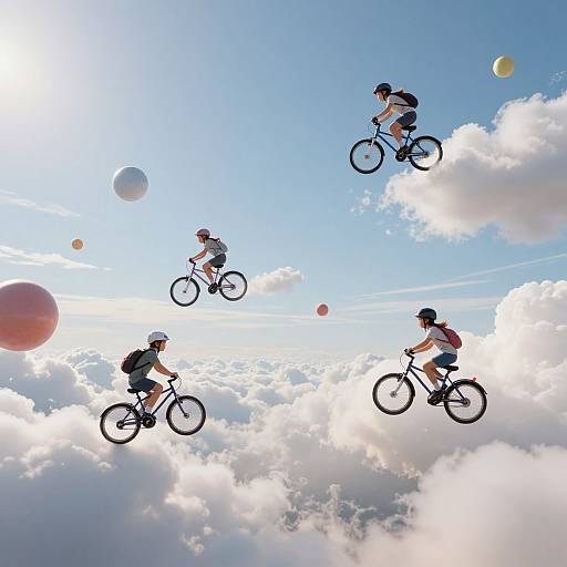 Photograph of four cyclists mid-air, performing a stunt against a bright blue sky with fluffy clouds and colorful balloons.
