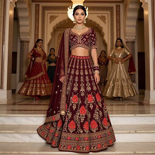 Photograph of a South Asian bride in a maroon and gold traditional lehenga with red floral embroidery, standing on marble stairs in an ornate,