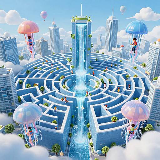 CGI cityscape with a central blue waterfall maze; colorful umbrella-clad characters navigate, surrounded by skyscrapers and floating balloons.