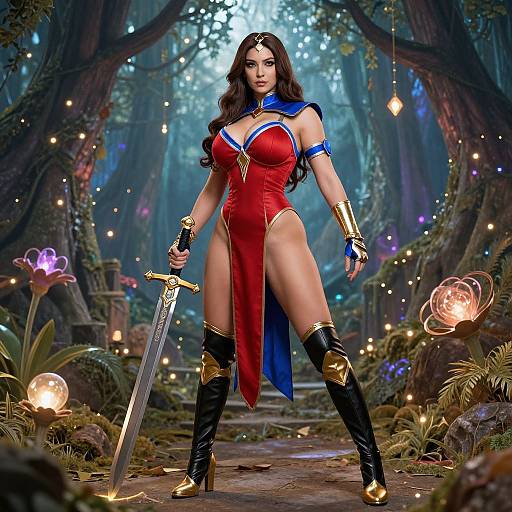 Digital artwork of a muscular, dark-haired woman in a red, gold-trimmed, revealing outfit, holding a sword in a mystical forest.