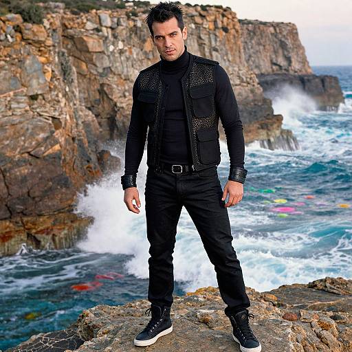 Photograph of a tall, dark-haired man in black leather jacket, black shirt, and pants, standing on rocky shoreline with crashing waves and rugged cliffs