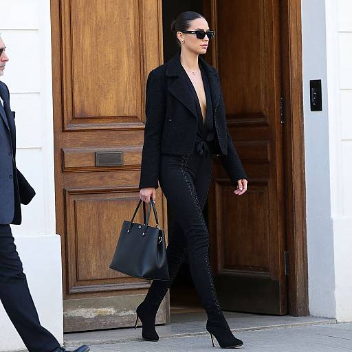 Photograph of a stylish woman with dark hair in a bun, wearing black sunglasses, open black coat, tight black pants, and high-heeled boots