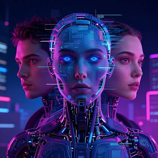 Digital art of a human and cyborg with glowing blue eyes, neon lights, and futuristic cityscape background. Human faces on either side, cyborg