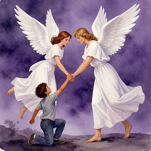 Digital painting of two angelic women with white wings, in flowing white dresses, holding hands with a kneeling child in a gray shirt and blue jeans,