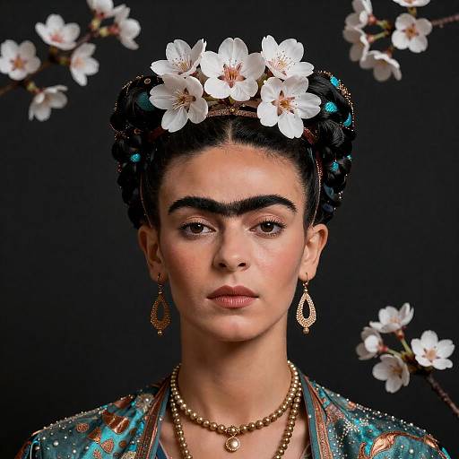 Woman Styled as Frida Kahlo with Cherry Blossoms