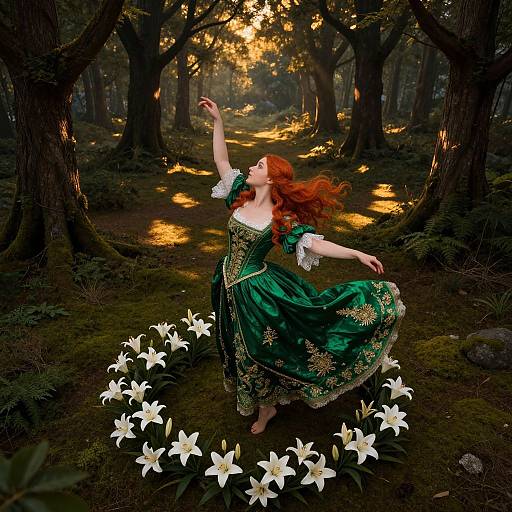 Photograph of a red-haired woman in a green, ornate dress dancing in a forest, surrounded by white lilies, bathed in golden sunlight