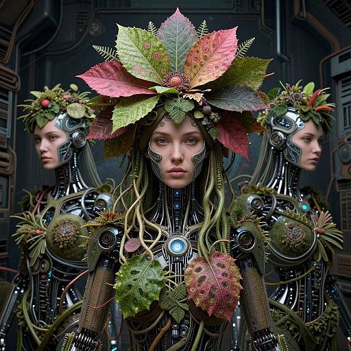 Digital artwork of three cybernetic women with leafy headpieces, intricate mechanical bodies, and natural elements, set in a dark, futuristic environment.