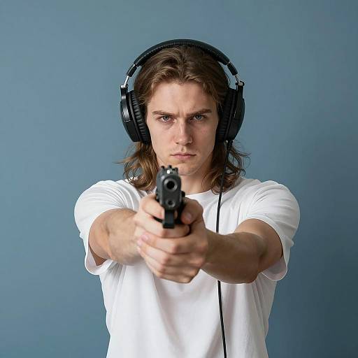 Young Man Pointing Handgun Wearing Headphones