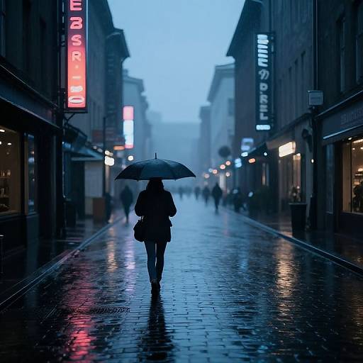 Photograph: Silhouette of person with umbrella walking down wet, cobblestone street at dusk, surrounded by illuminated neon signs on a foggy urban