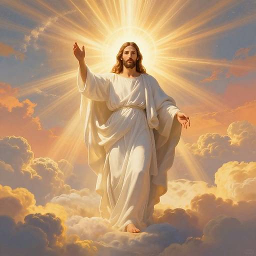 Photograph-like digital artwork of Jesus with long brown hair and beard, wearing a white robe, standing on clouds, radiating sunlight, with a raised