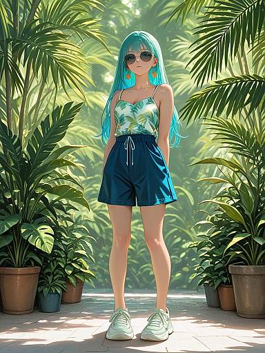 Woman in Tropical Summer Outfit with Sunglasses