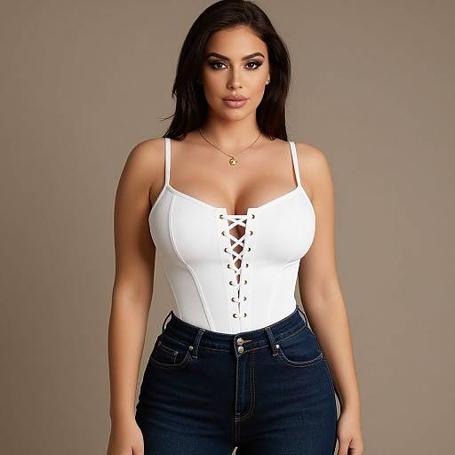 Photograph of a curvy woman with long dark hair, wearing a white lace-up corset top and high-waisted blue jeans, standing against