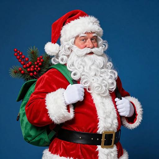 Photograph of Santa Claus with a full white beard, red velvet suit, white fur trim, green backpack with pine and berries, against a blue background