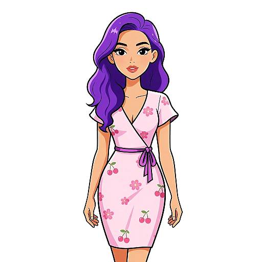 Digital illustration of a beautiful woman with long, wavy purple hair, wearing a pink floral wrap dress with a purple ribbon, standing against a white background