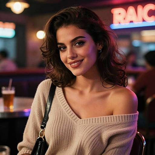 Portrait of Smiling Woman in Sweater at Bar