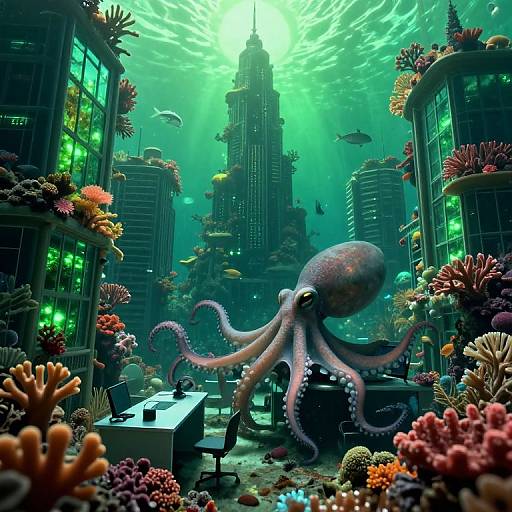 Surreal Sunken City with Bioluminescent Glow