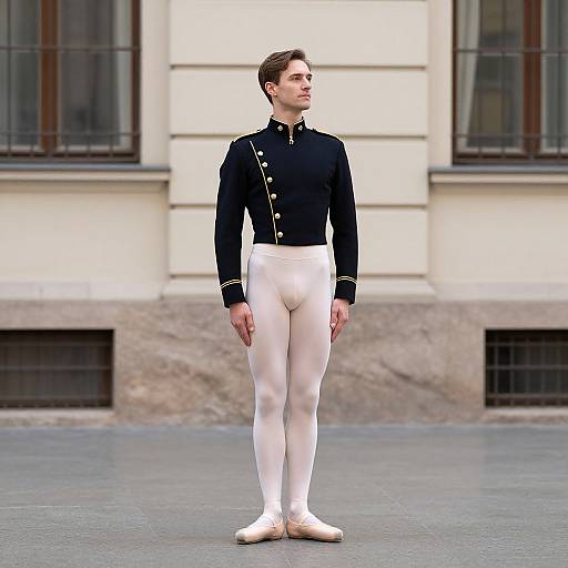Photograph of a young white male ballet dancer with short brown hair, wearing a black military-style jacket, white pants, and white ballet shoes, standing