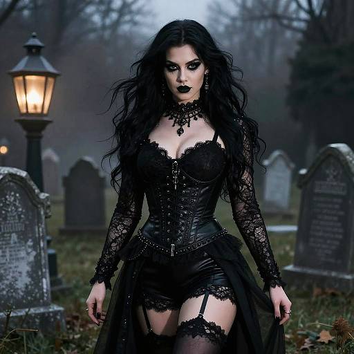 Gothic woman with black lace corset, thigh-high stockings, and dark makeup stands in a foggy, graveyard at night. Lamp post gl