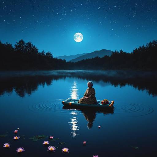 Serene Elderly Woman on Flower Raft Serene Elderly Woman on Flower Raft