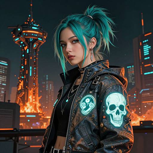 Digital artwork of a teal-haired woman in a black skull-patterned leather jacket, standing against a futuristic, neon-lit cityscape with fires. She