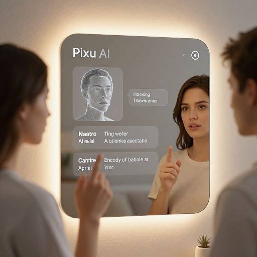Photograph of a digital screen displaying PixiAI, showing a grayscale portrait of a man and a focused woman in a white top, with text options