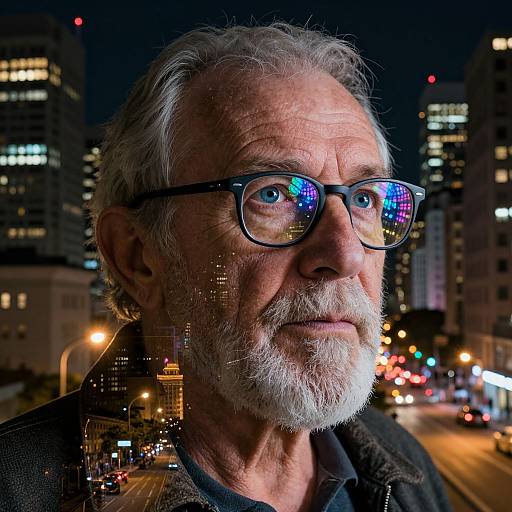 Photograph of an elderly white man with gray hair and beard, wearing black-framed glasses, reflecting city lights, standing in a night urban setting with