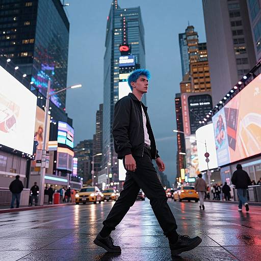 Confident Blue-Haired Man in Neon City