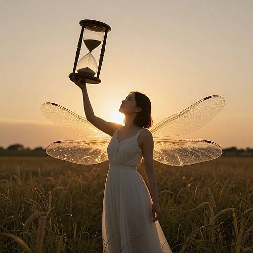 Photograph: Silhouetted fairy woman in white dress with translucent wings holds hourglass at sunset in golden field. Sun sets behind her.