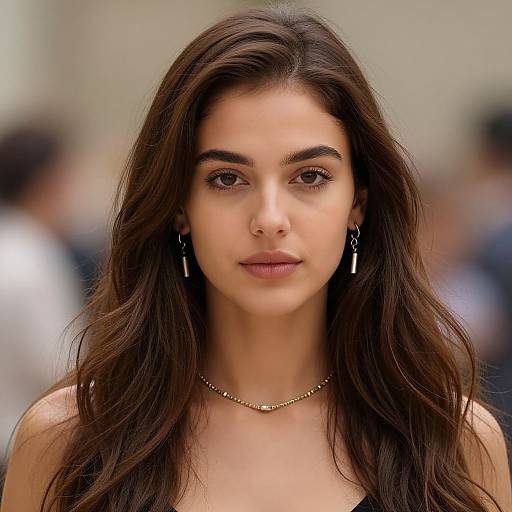 Photograph of a young woman with long, wavy brown hair, brown eyes, and light skin, wearing a gold necklace and dangling earrings, against