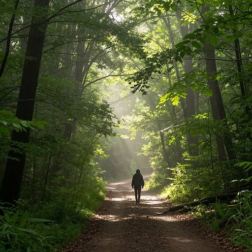 Silhouette of a person walking down a sunlit, leafy forest path, surrounded by tall trees and dappled light. Photograph.