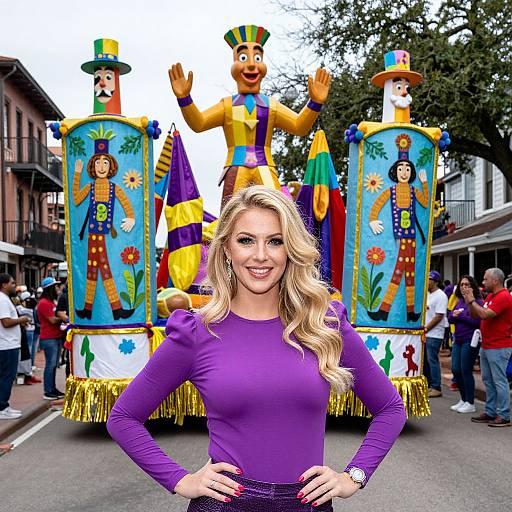Photograph of a blonde woman in a purple long-sleeve dress, smiling, standing in front of a colorful, festive parade float with large,