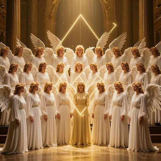 Photograph of 25 blonde, white-winged angels in flowing white robes, forming a triangular formation with glowing neon lines in an ornate, golden