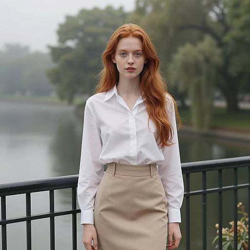 Photograph of a pale-skinned, red-haired woman in a white blouse and beige skirt, standing by a black iron railing by a misty lake