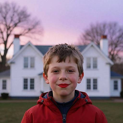 Charming Boy at Sunset with House
